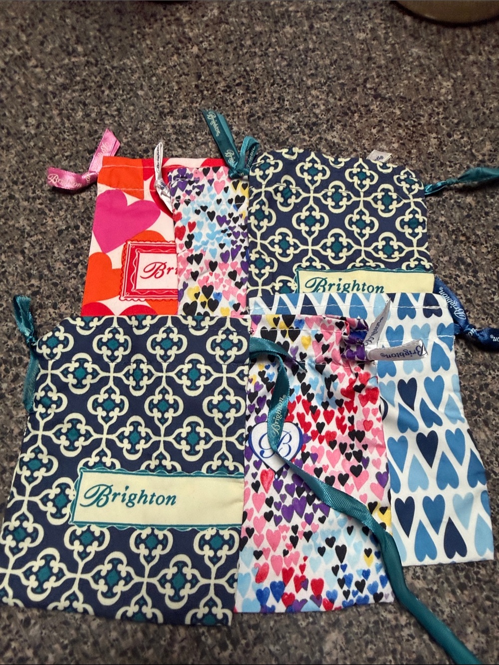 Brighton Kids Drawstring Gift Pouches - Blue & Multicolor Heart Designs - Lot:6